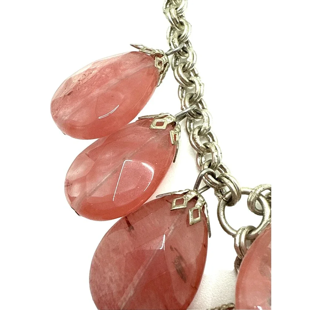 Rose Quartz Bib Necklace Double Strand Teardrop Dangle Stone Bead Statement 18